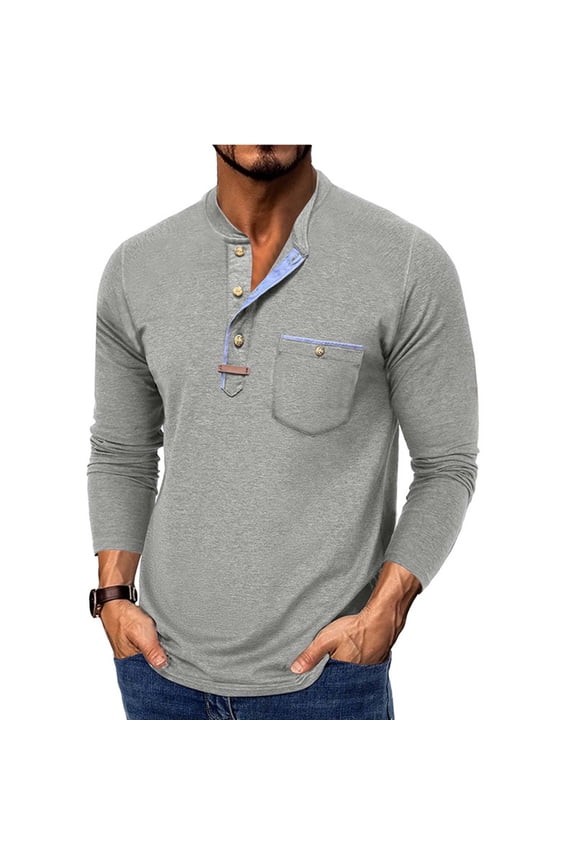 Mens Henley Shirt for Men Crewneck Long Sleeve Casual Stretch Soft Pullovber Mens T Shirts on Front Button, Basic Shirt Long Sleeve Style A Gray