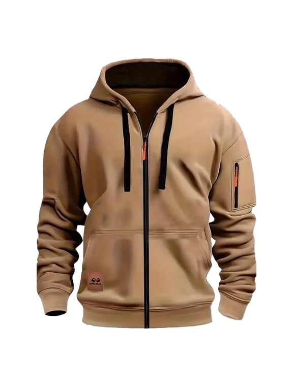 Mens Hooded Casual Jacket Waterproof Solid Full Zipper Outdoor Hiking Long Sleeve Windproof Jacket for Men, Khaki S