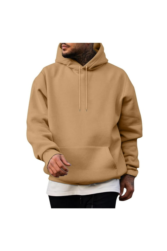 Mens Hoodie Long Sleeve Solid Casual Cotton Pullover Hoodies for Men Hooded Sweatshirts Khaki 2XL