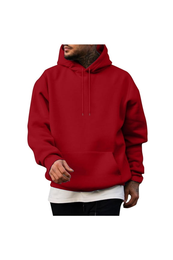 Mens Hoodies Pullover Casual Long Sleeve Drawstring Cotton Solid with Pocket Hooded Sweatshirts Red 2XL