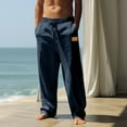 thumbnail image 1 of HOMADLES Mens Jogger Pants Linen Straight Leg Pants Men Stretch Loose with Drawstring, Jogger Pants Navy L, 1 of 9