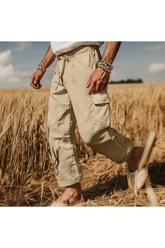 Mens Jogger Pants Open Bottom Relaxed Fit Straight Leg Pants Linen Multi-pocket Drawstring Jogger Pants Khaki 3XL