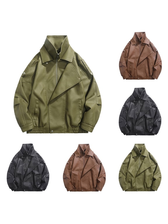 Mens Leather Jacket Solid Color Waterproof Vintage Zip Up Jackets Long Sleeve Casual Jacket Green Size 2XL