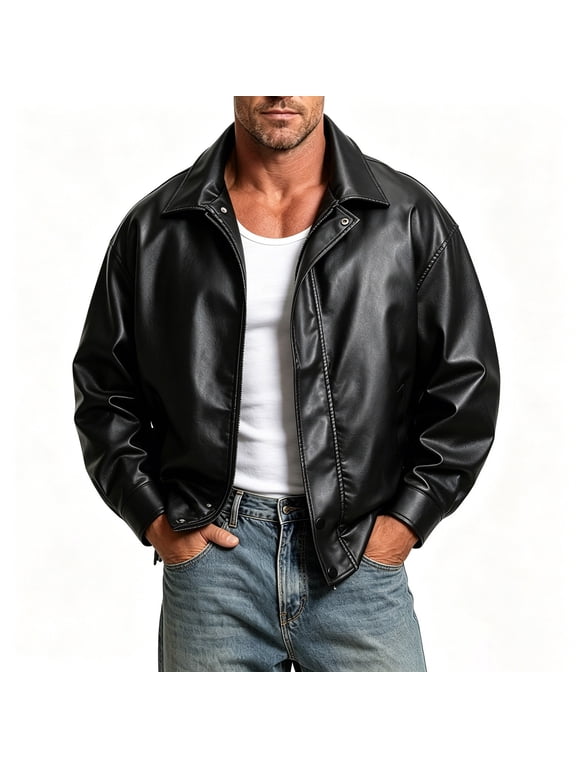 Mens Leather Jacket Winter Warm Stand Collar Vintage Zip Up Jackets Long Sleeve Casual Jacket Black Size XL