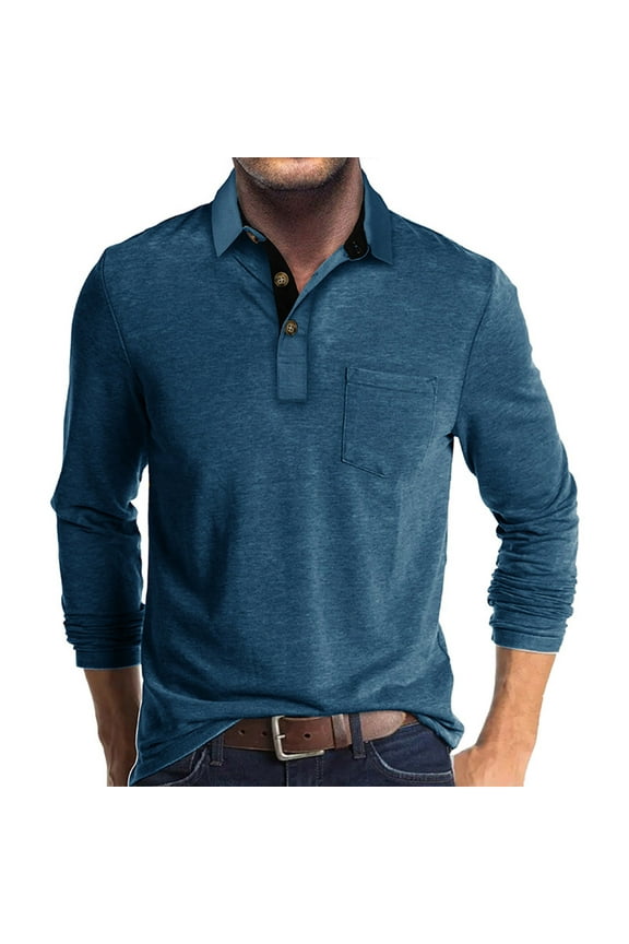 Mens Lightweight Long Sleeve Shirt, Pocket Flip Collar Pullover for Men Button Solid Tops Blue S