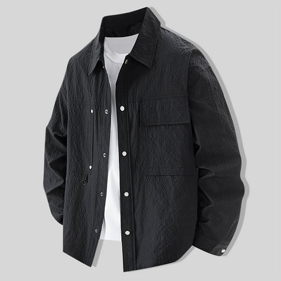 HOMADLES Mens Long Sleeve Jacket Lightweight Lapel Solid Windbreaker Casual Loose Outdoor Hiking Outwear Jacket Black L