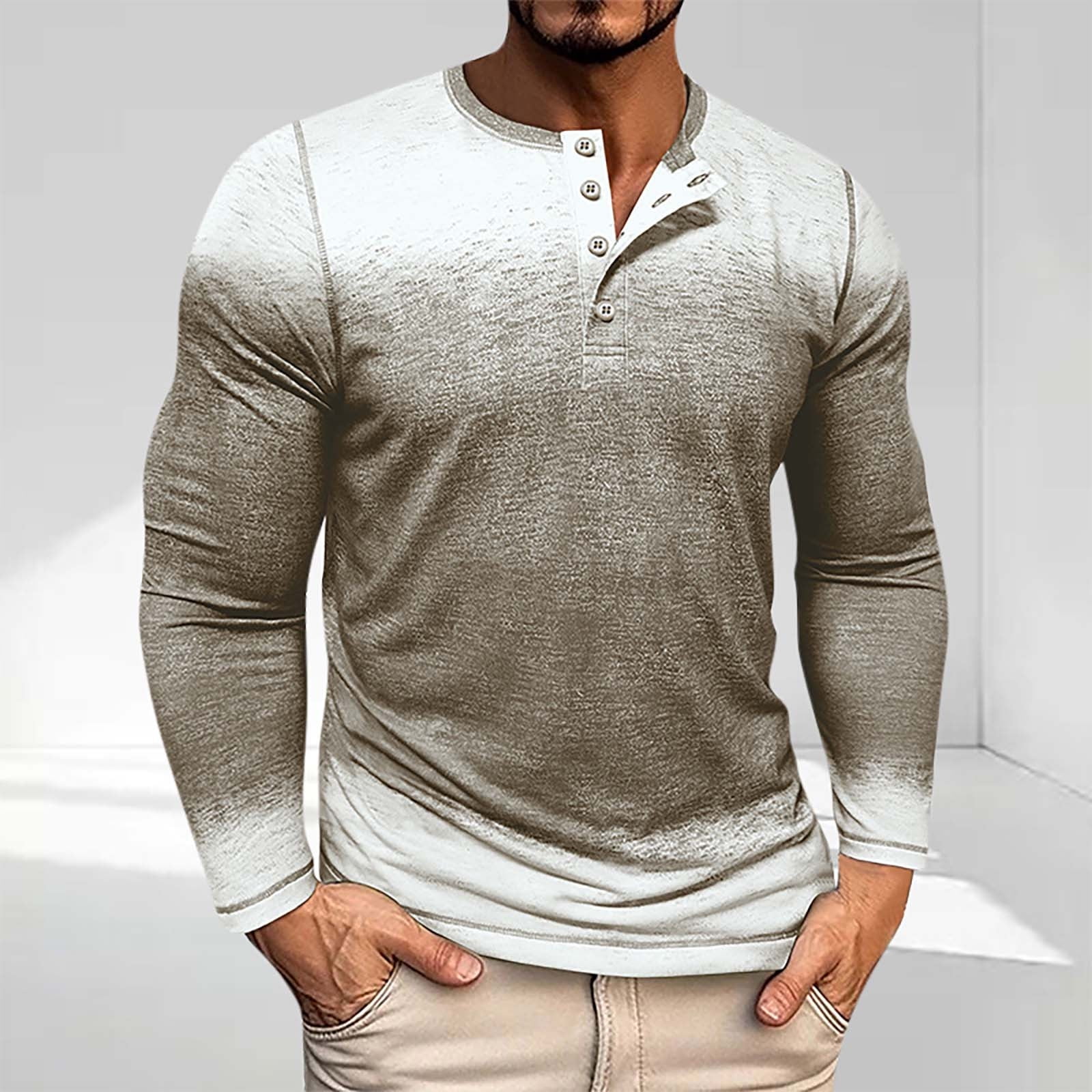 HOMADLES Mens Long Sleeve Shirts Button Crewneck Casual Pullover Solid ...