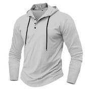 HOMADLES Mens Pullover Hoodie Buttons Hoodie for Men Long Sleeved Solid Color Pulling Rope Fashion Tops Gray S
