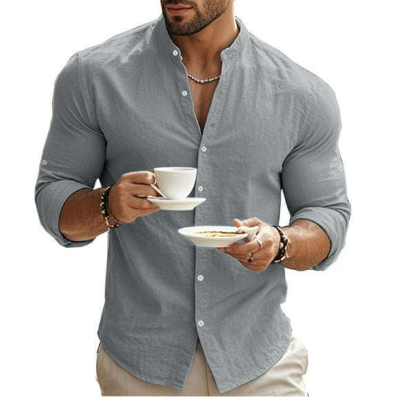 HOMADLES Mens Shirts Button Down Long Sleeve Shirts Linen Loose Solid Collar Casual Shirts Gray XL