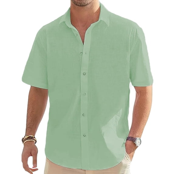 HOMADLES Mens Shirts Casual Button up Shirts for Men Short Sleeve T Shirt Linen Solid Lightweight Tee, Green S
