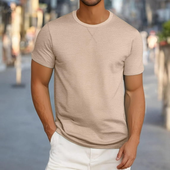 HOMADLES Mens Shirts Crewneck Relaxed Casual Solid Breathable Summer Pullover Short Sleeve Khaki 5XL