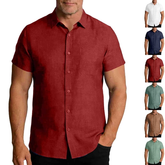 HOMADLES Mens Short Sleeve Button T Shirts Linen Breathable Regular Casual Collared Shirt for Summer Hiking Wine Size L
