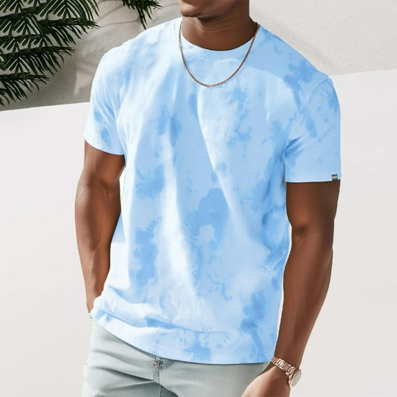 HOMADLES Mens Short Sleeve Shirts Crewneck Tie Dye Solid Muscle Athletic Casual, T Shirt Light Blue M