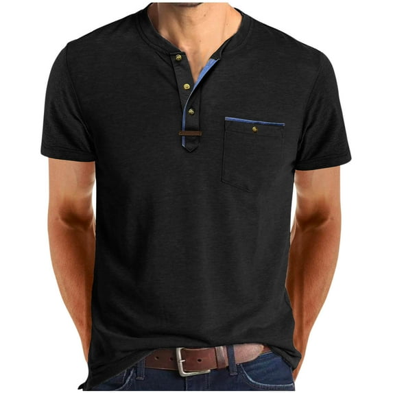 HOMADLES Mens Short Sleeve Shirts, Soft Crewneck Mens T-Shirts with Pocket on Front Button Solid Tops Dark Gray XL