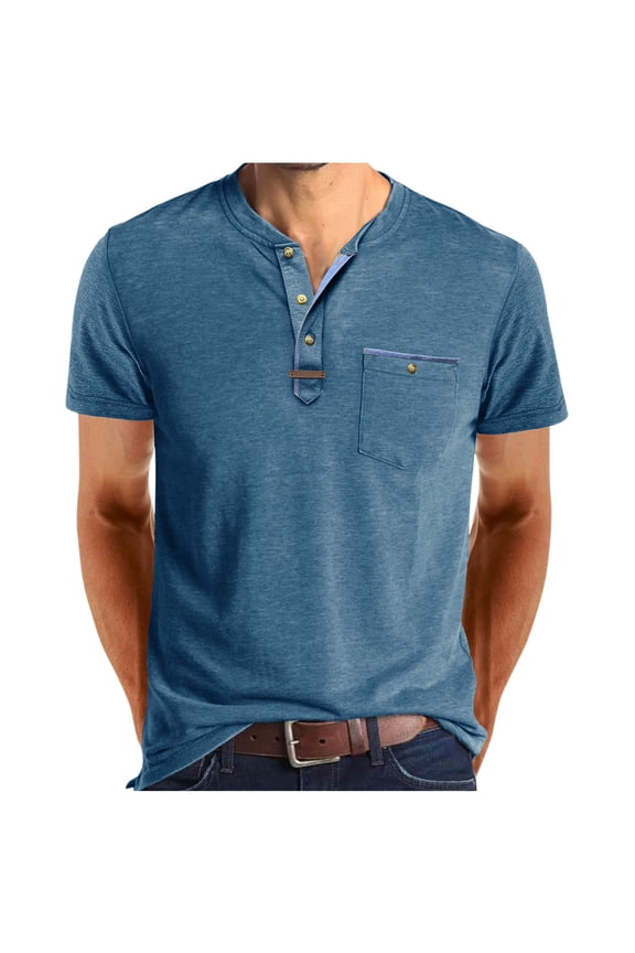 Mens Short Sleeve T Shirts for Men Henley Shirt Crewneck Soft Button Tee Shirts for Outdoor Hiking Light Blue 2XL