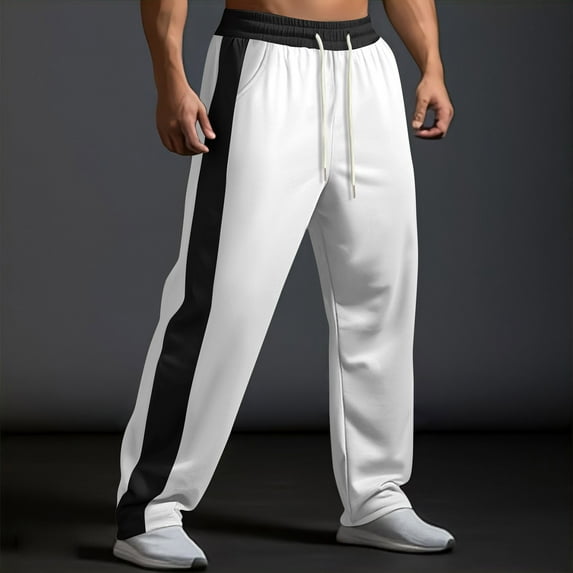 HOMADLES Mens Sports Pants Elastic Waist Drawstring Color Block Casual Pants Outdoor Jogger Pants White XL