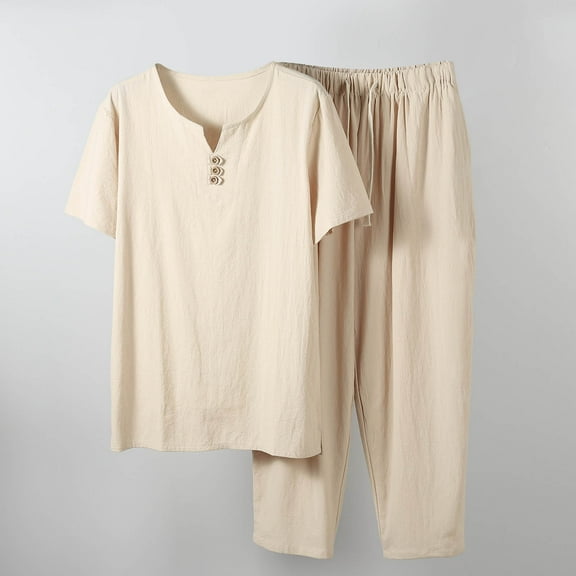 HOMADLES Mens Summer 2 Piece Outfits Short Sets Stretch Shirt and Long Pant Beige L