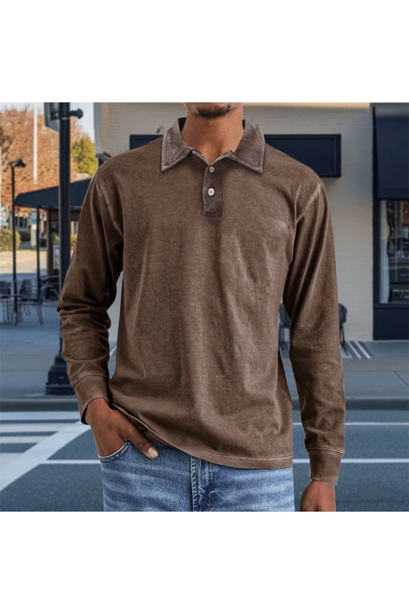 Mens T Shirt Long Sleeve Lapel Button Solid Pique Golf Shirt, Pullover Shirt Brown 2XL