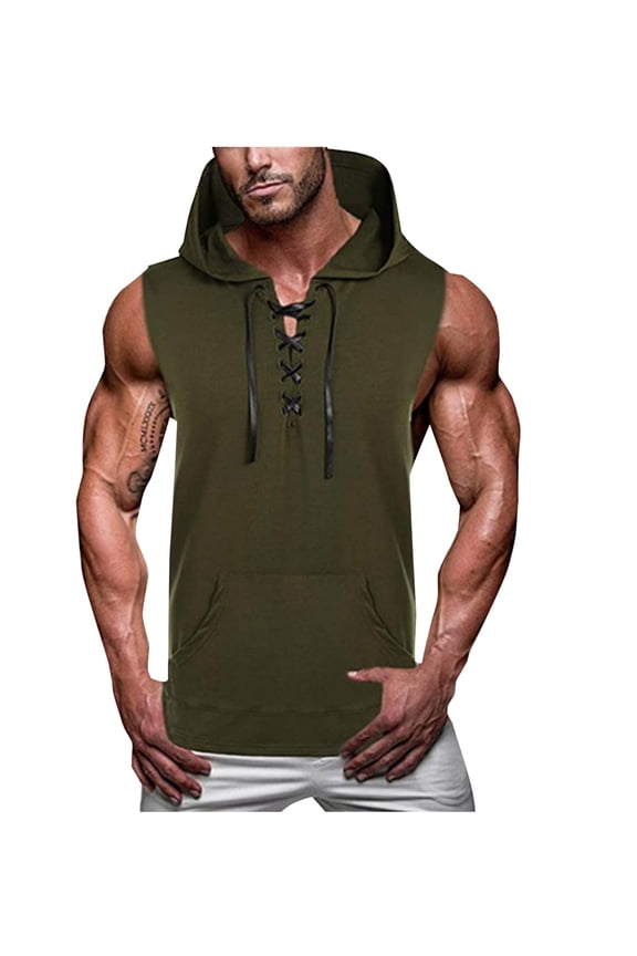 Tank Tops for Men Solid Casual with Hood Summer Sleeveless Tops Army Green L