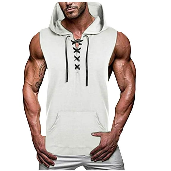 HOMADLES Mens Tank Tops Gym Muscle Casual Hood with Drawstring Sleeveless Tops White L