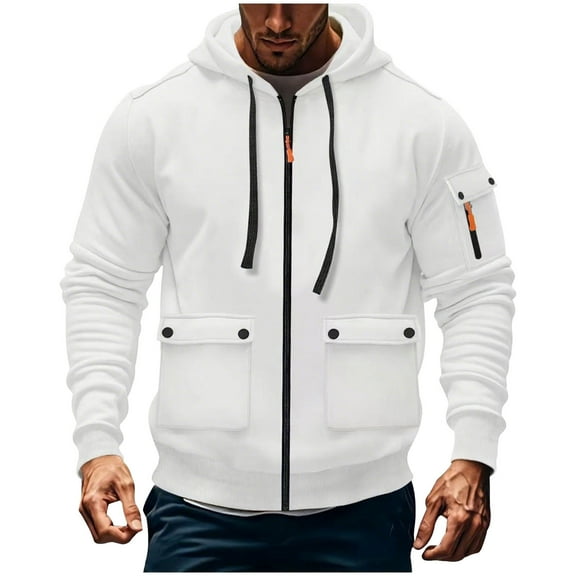 HOMADLES Mens Windbreaker Jacket Hood Full Zip Solid Sports Fashion Windproof Coat Outdoor Hiking Workout Jacket, White 2XL
