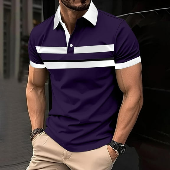 HOMADLES Mens polo Shirt Elasstic Stripe Soft polo Shirt Purple 3XL