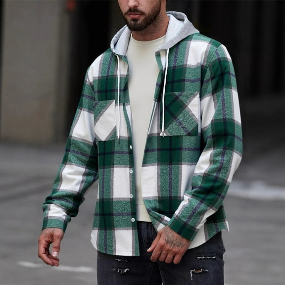 HOMADLES Plaid Jacket Mens Big and Tall with Pocket Outdoor Hiking Cardigan Coat Button up Windbreaker Jackets Green L