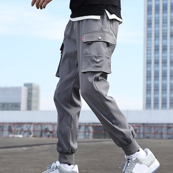 HOMADLES Plus Size Mens Work Pants Drawstring Straight Slim Fit Pants Elastic Waist Multi Pockets Trousers Gray XL
