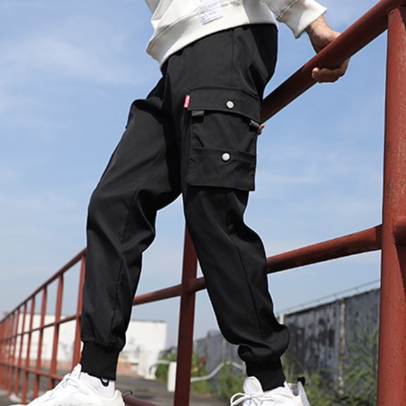 HOMADLES Plus Size Mens Work Pants Straight Slim Fit Pants Drawstring Multi Pockets Elastic Waist Trousers Black 2XL