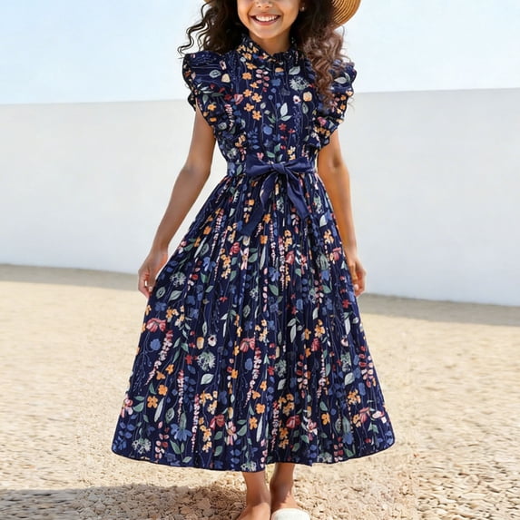 HOMADLES Summer Dress for Girls 8-12 Girls A-Line Sleeveless Tank Dresses Tiered Layed Dress Girls Ruffle Dress, Blue 5XL