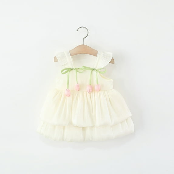 HOMADLES Summer Dress for Girls Crewneck Sleeveless Solid Bow Mesh Crewneck Stretch Casual Princess Dress Beige 12 Months