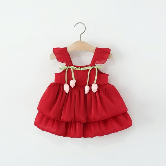 HOMADLES Summer Dress for Girls Crewneck Sleeveless Solid Bow Mesh Crewneck Stretch Casual Princess Dress Red 6 Months