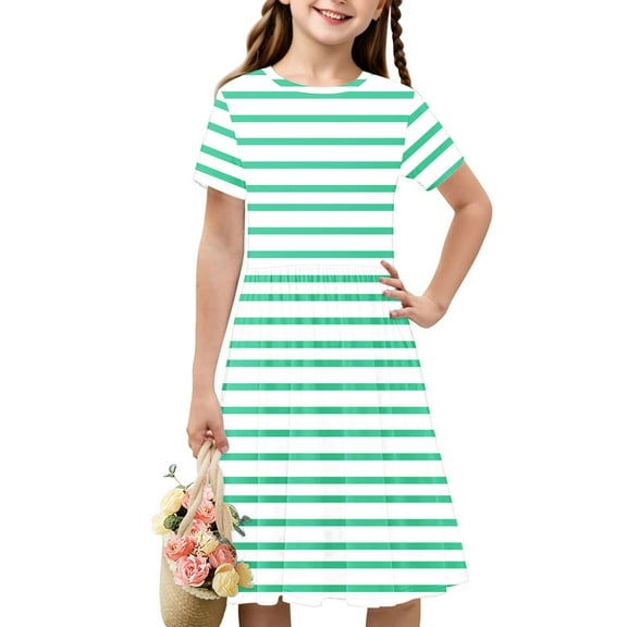 HOMADLES Summer Short Sleeve Dress for Girls Crewneck Tunic, Sundress Green 5 T