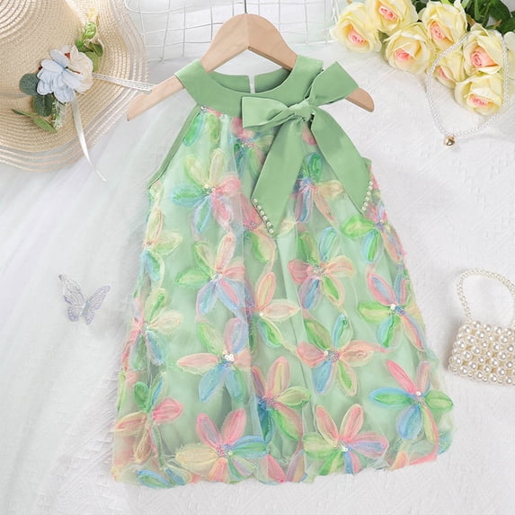 HOMADLES Summer Toddler Dress for Girls Strap Sleeveless Soft Print Stretch with Bag Princess Dress Green 4 T