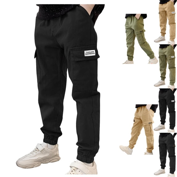 HOMADLES Teen Boys Cargo Pants for Boys Elastic Waist Slim Fit Boys Baggy Pants Multi-pocket Lightweight School Uniform Pants for Hiking Black 10 Years