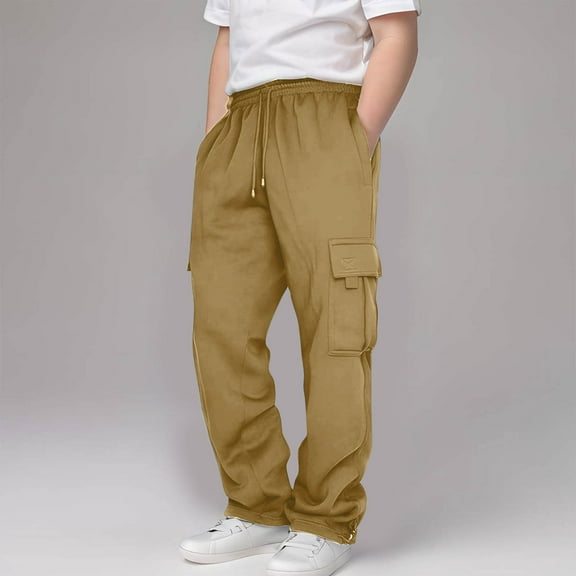 HOMADLES Teen Boys Cargo Pants for Boys Multiple Pockets Elastic Waist Drawstring Hiking Pants for Sports Outdoor, Jogger Pants Khaki 13 T