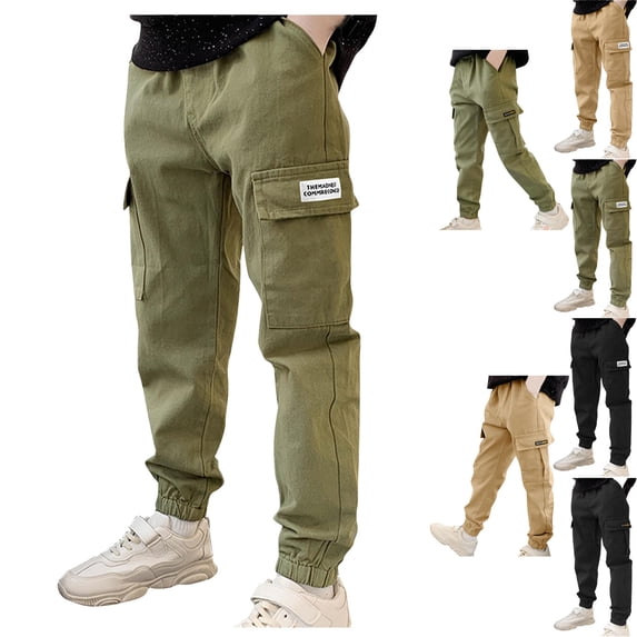 HOMADLES Teen Boys School uniform Pants Slim Fit Elastic Waist Baggy Jogger Pants with Pocket Cargo Pants for Outdoor Hiking Jogger Pants Army Green 14 Years