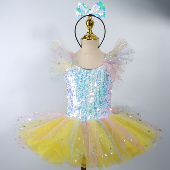 HOMADLES Teen Dress for Girls V-neck Practice Mesh Soft Ruffed Layered Breathable Sleeveless Dance Dress Yellow 9 T