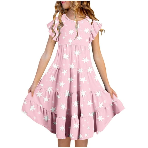 HOMADLES Teen Girls Dress Crewneck Layered Ruffled Print Summer Short Sleeve Stretch Pocket Casual Dress B Multicolor 12-13 T