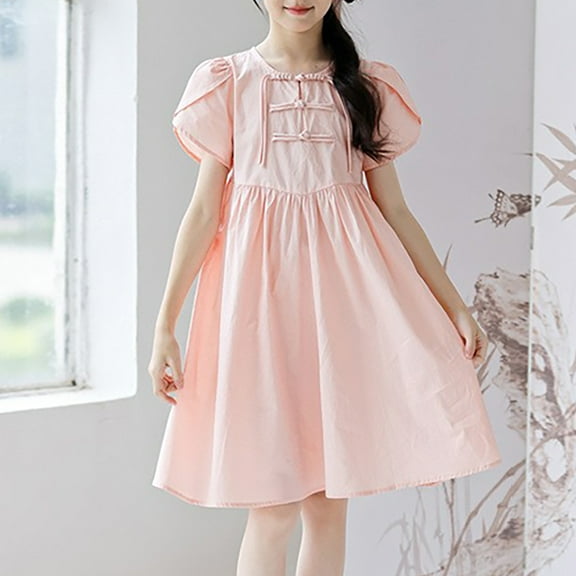 HOMADLES Teen Girls Dress Long Dress Short Sleeve Crewneck Soft Stretch Button Casual A-Line Solid Layered Dress Princess Dress Pink 4-5T