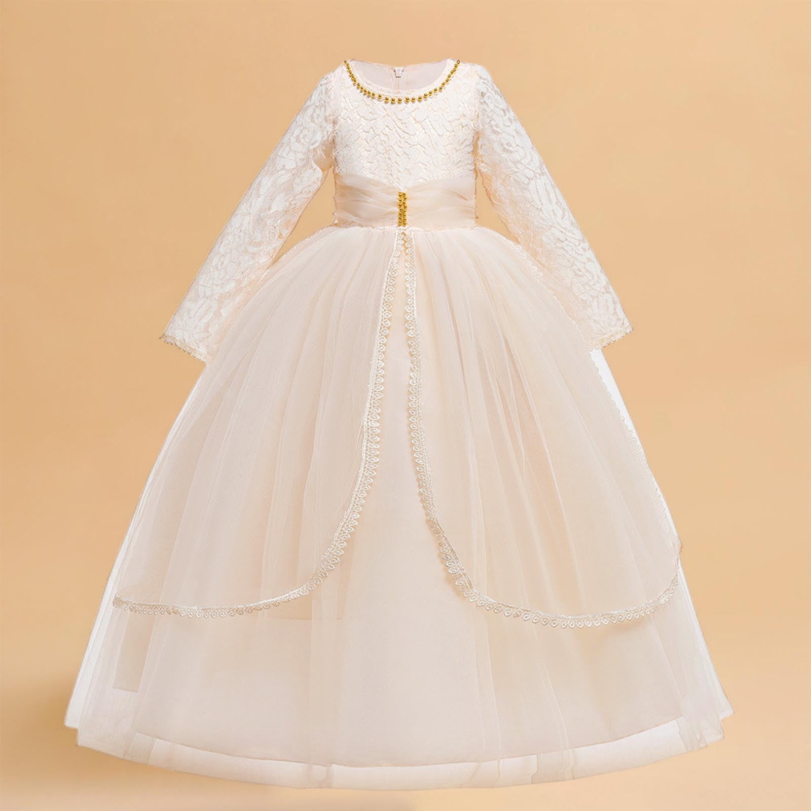 Young Girls' Round Neck Long Sleeve Mesh Hem Party Dress