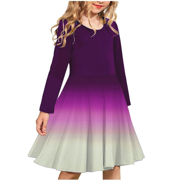 HOMADLES Teen Girls Dress Long Sleeve Casual Print Fashion Girls Clothing Gradient Roundneck Soft Comfortable Layered Princess Dress Purple 9 T