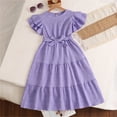 thumbnail image 1 of HOMADLES Teen Girls Dress Short Sleeve Ruffled Solid Summer Crewneck Elastic Breathable Casual Dress Purple 8 T, 1 of 9