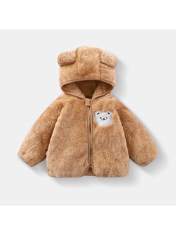 Toddler Baby Jacket Coat Warm Ear Hooded Baby Kids Fleece Lined Thickening Long Sleeve Outerwear Jacket Khaki 6 Months
