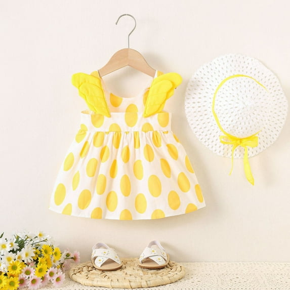 HOMADLES Toddler Dress for Girls Cotton Flower Print Stretch Ruffed Breathable Summer with Hat Princess Dress Yellow 12 Months