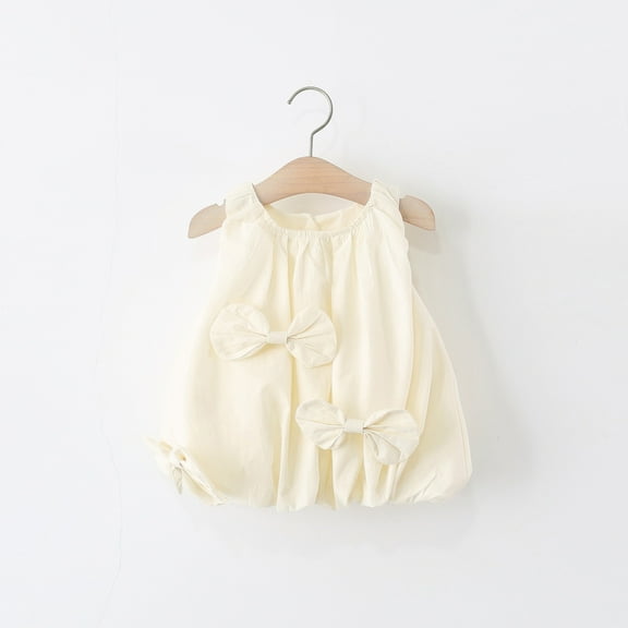 HOMADLES Toddler Dress for Girls Crewneck Bow Solid Summer Fashion Princess Dress Beige 12 Months