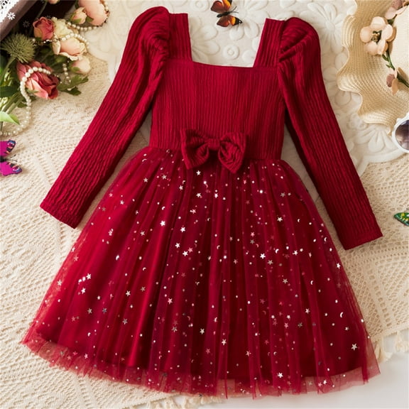 HOMADLES Toddler Girl Dress Crewneck Long Sleeve Casual Soft Stretch Dresses for Girls Comfortable Fashion Princess Dress Red 5 T