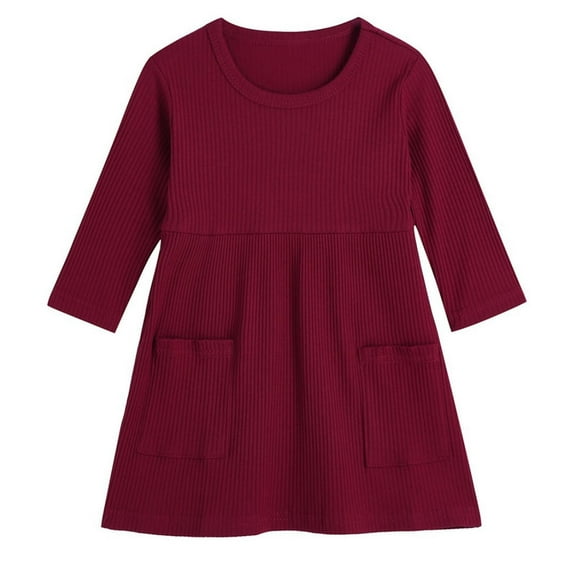 HOMADLES Toddler Girl Dress Crewneck Long Sleeve Soft Girls Long Dresses Stretch Comfortable with pocket Dress Wine 5 T