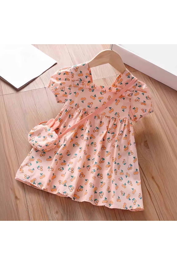 Toddler Girls Dress Bow Crewneck Mesh Print Layered Stretch Short Sleeve Fashion Princess Dress Orange 1-2T