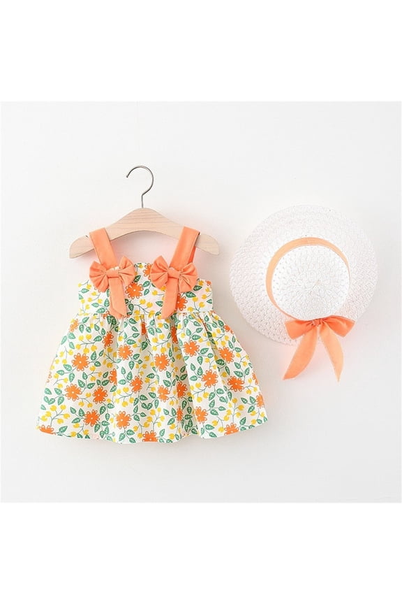 Toddler Girls Dress Bow Flower Print Loose Crewneck Stripe Sleeveless Strap Thin Lightweight Casual Dress Orange 2 T